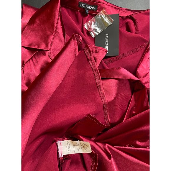 Fashion Nova Burgundy XL‎ Satin Belted Button-Up Shirt Dress Sexy Classic Goth - Picture 7 of 7